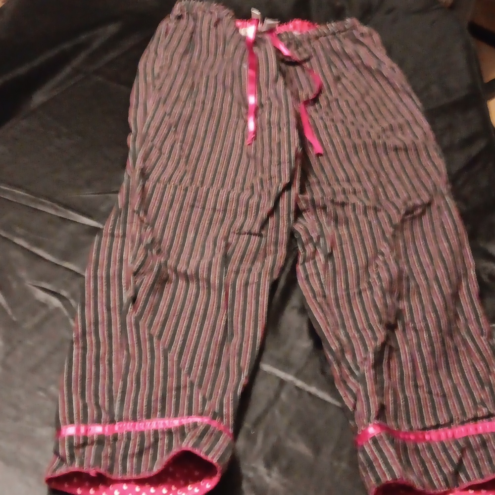 Delicates, black and red pinstripe pajama pant with tie.